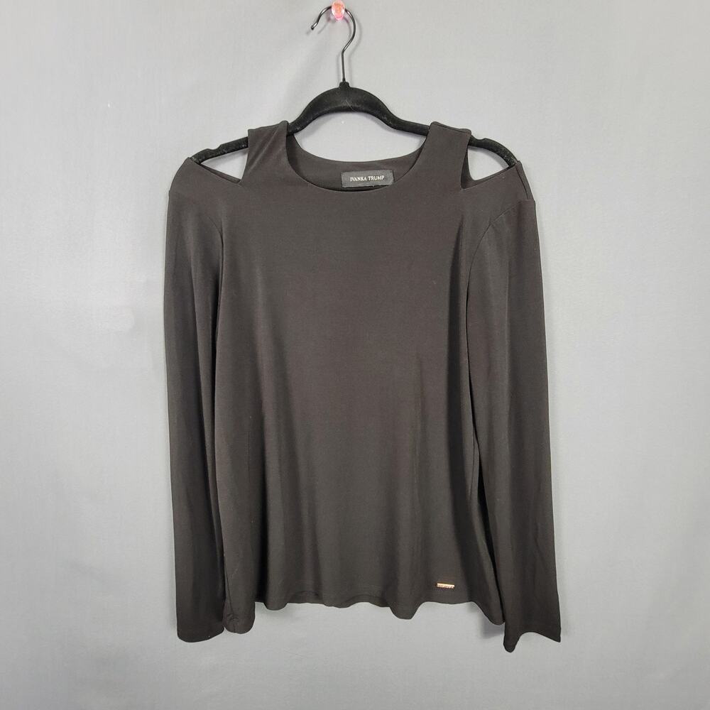 Ivanka Trump Top Women Long Sleeve Pullover Black Shoulder Cutout Stretch